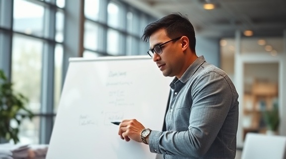 resilience planning, focused expression, drafting plans on a whiteboard, photorealistic, modern office space with large windows, highly detailed, papers scattered subtly, bokeh effect, neutral color palette, ambient lighting, shot with a 35mm lens.